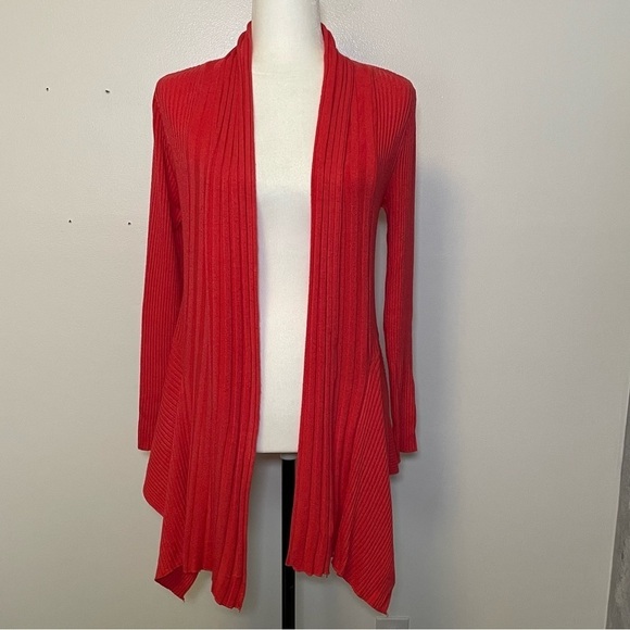 Coral Coloured Long Open Cardigan Open work Knitting - Picture 2 of 16